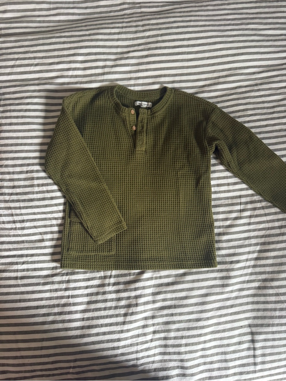 Olive Green Waffle-Knit Long Sleeve Henley Tee - Kids